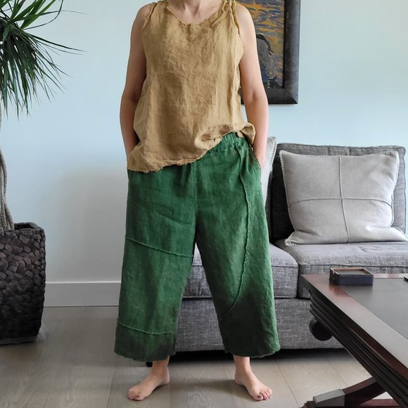 100% Linen harem pants, One Size, green - Picture 1 of 13
